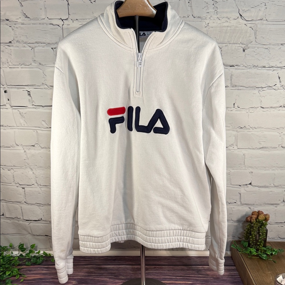 FILA Y2K Men's White 1/4 Zip-Up Sweatshirt with  logo embroidery‎ Long Sleeved